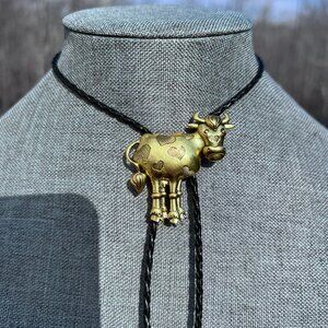 Cow Bolo Tie  Southwest Americana Cute Brassy Holstein with Hearts Retro